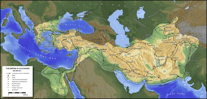 نقشهٔ امپراتوری اسکندر و مسیر لشکرکشی او